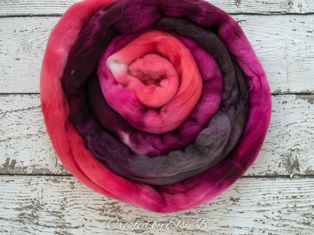 Organic Polwarth &#39;Burgundy Dahlia&#39; 4 oz maroon spinning fiber, red wool roving for spinning, hand dyed roving, Created by Elsie B combed top