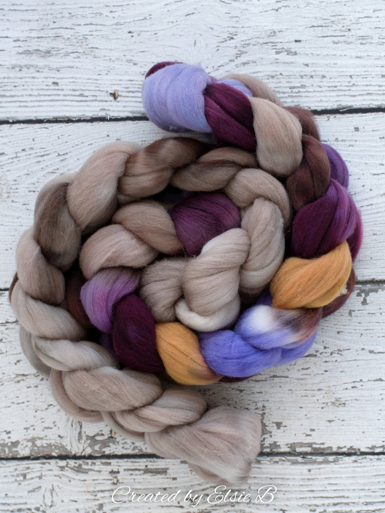 Targhee &#39;Muscadine Wine&#39; 4 oz hand dyed spinning fiber, purple roving by the pound, Created by ElsieB brown combed top, plum wool fiber