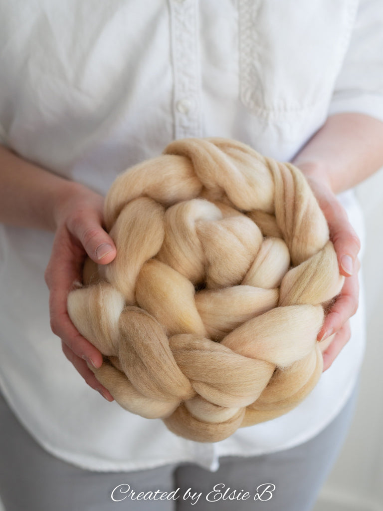 21 micron Merino &#39;Linen&#39; 4 oz semi-solid combed top, tan spinning fiber, brown hand dyed roving, Created by Elsie B wool roving by the pound