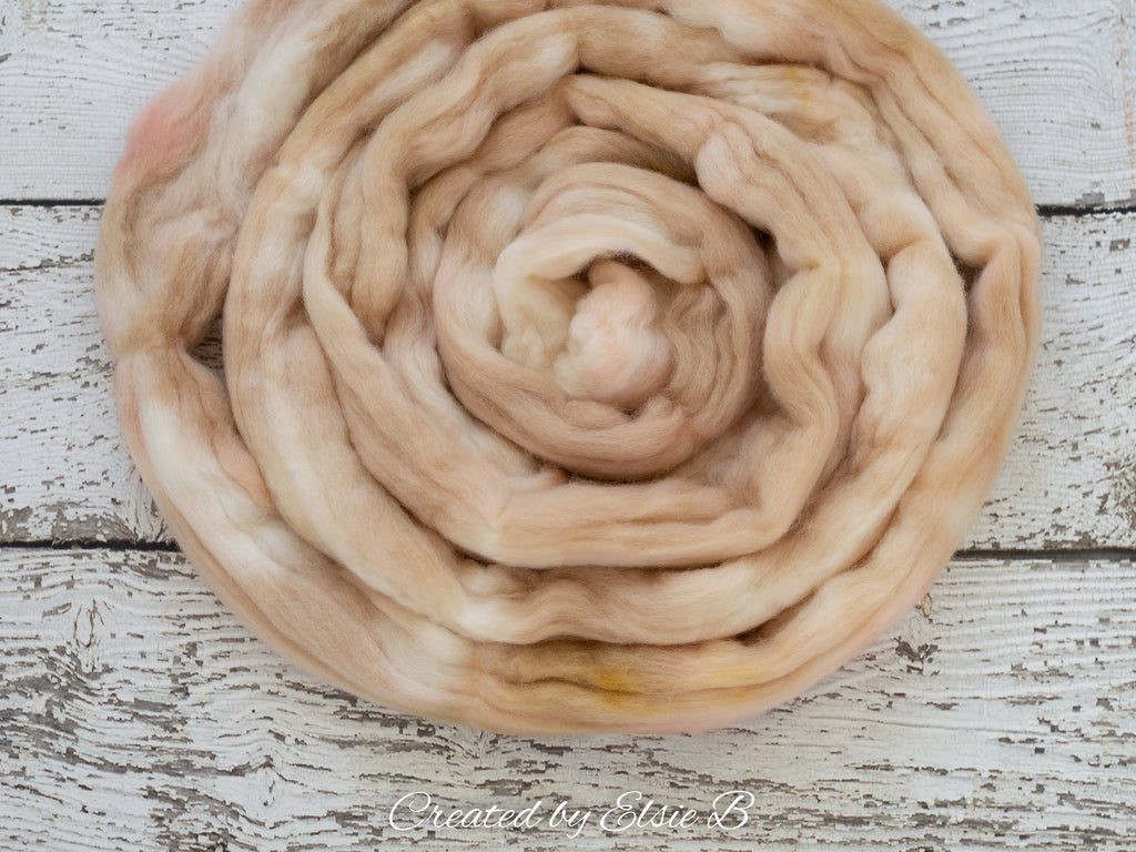 21 micron Merino &#39;Linen&#39; 4 oz semi-solid combed top, tan spinning fiber, brown hand dyed roving, Created by Elsie B wool roving by the pound