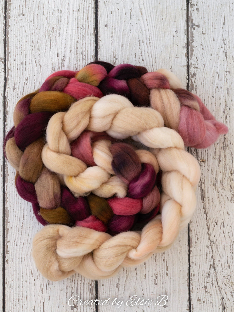 21 micron Merino &#39;Linen&#39; 4 oz semi-solid combed top, tan spinning fiber, brown hand dyed roving, Created by Elsie B wool roving by the pound