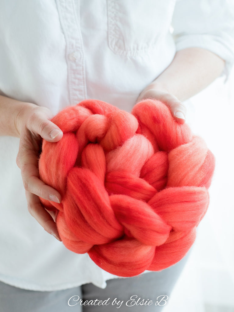 21 micron Merino &#39;Watermelon&#39; 4 oz semi-solid combed top, red spinning fiber, hand dyed roving, Created by Elsie B wool roving by the pound