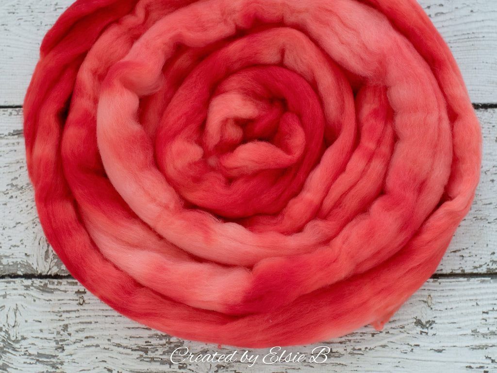 21 micron Merino &#39;Watermelon&#39; 4 oz semi-solid combed top, red spinning fiber, hand dyed roving, Created by Elsie B wool roving by the pound