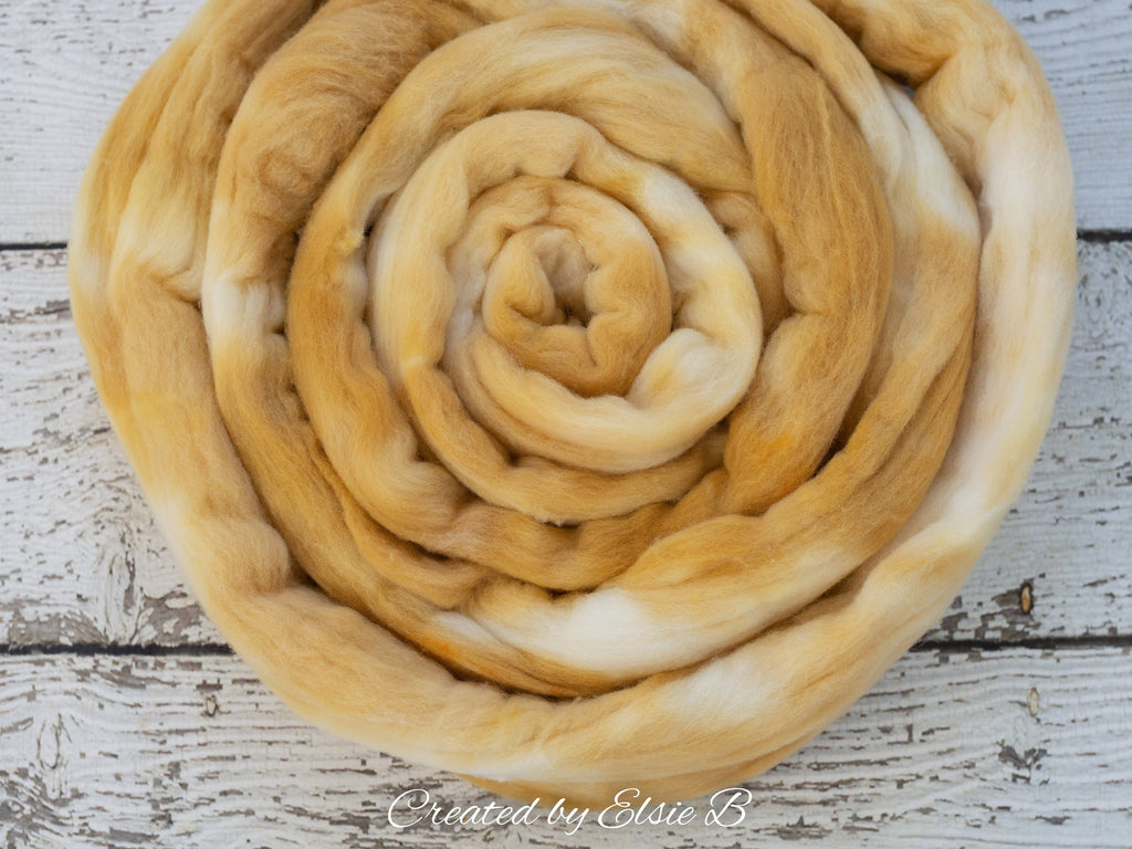 Rambouillet &#39;Golden Wheat&#39; 4 oz semi-solid combed top, yellow spinning fiber, hand dyed roving, Created by Elsie B wool roving by the pound