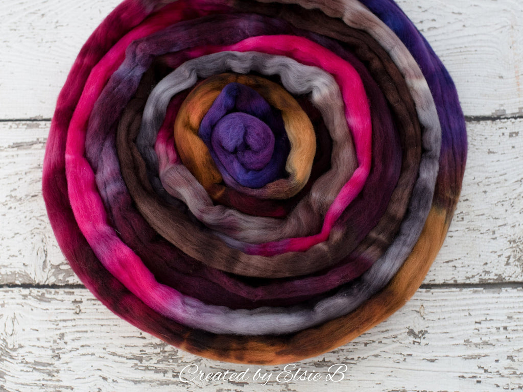 Rambouillet/ Nylon &#39;Stained Glass&#39; 4 oz spinning fiber, purple hand dyed roving, brown roving by the pound, CreatedbyElsieB pink combed top