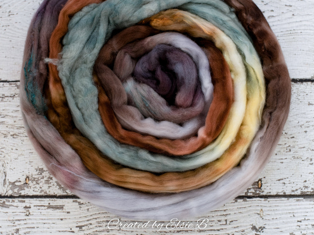 Superfine Merino/ Silk &#39;Wood Duck&#39; 4 oz brown hand dyed roving, CreatedbyElsieB spinning fiber, gray combed top, mint wool roving