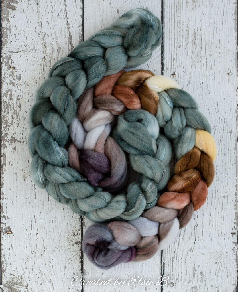 Superfine Merino/ Silk &#39;Wood Duck&#39; 4 oz brown hand dyed roving, CreatedbyElsieB spinning fiber, gray combed top, mint wool roving