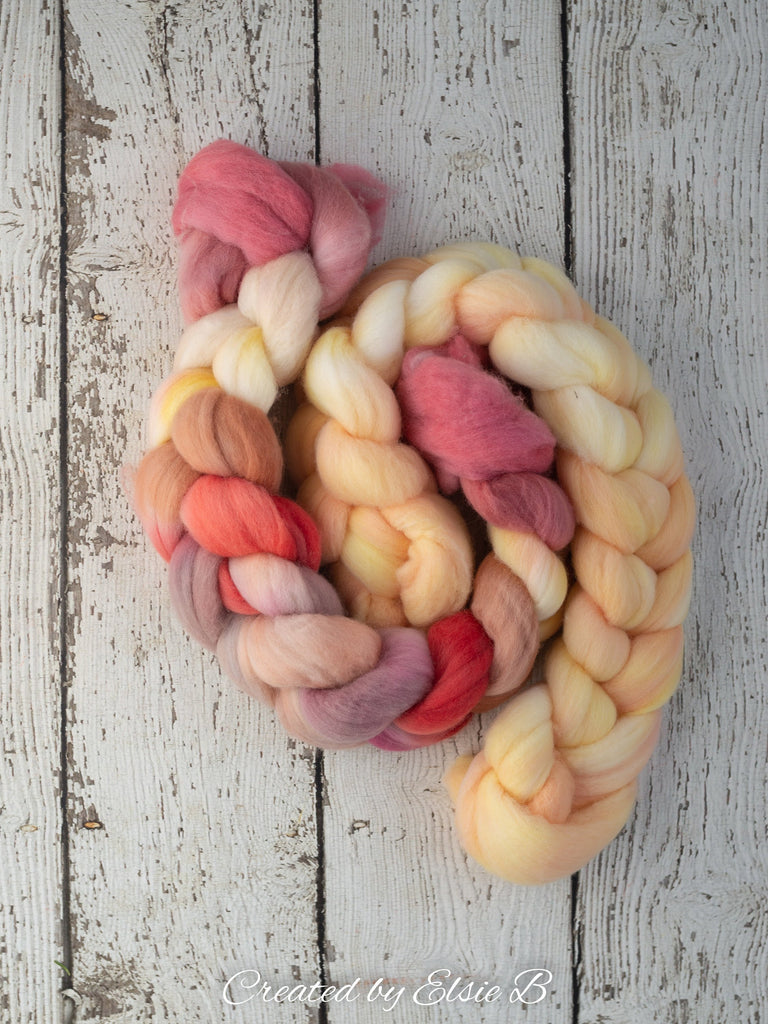 Falkland Merino &#39;Dancing Tulips&#39; 4 oz hand dyed pink spinning fiber, wool roving for spinning,  hand dyed roving, CreatedbyElsieB combed top