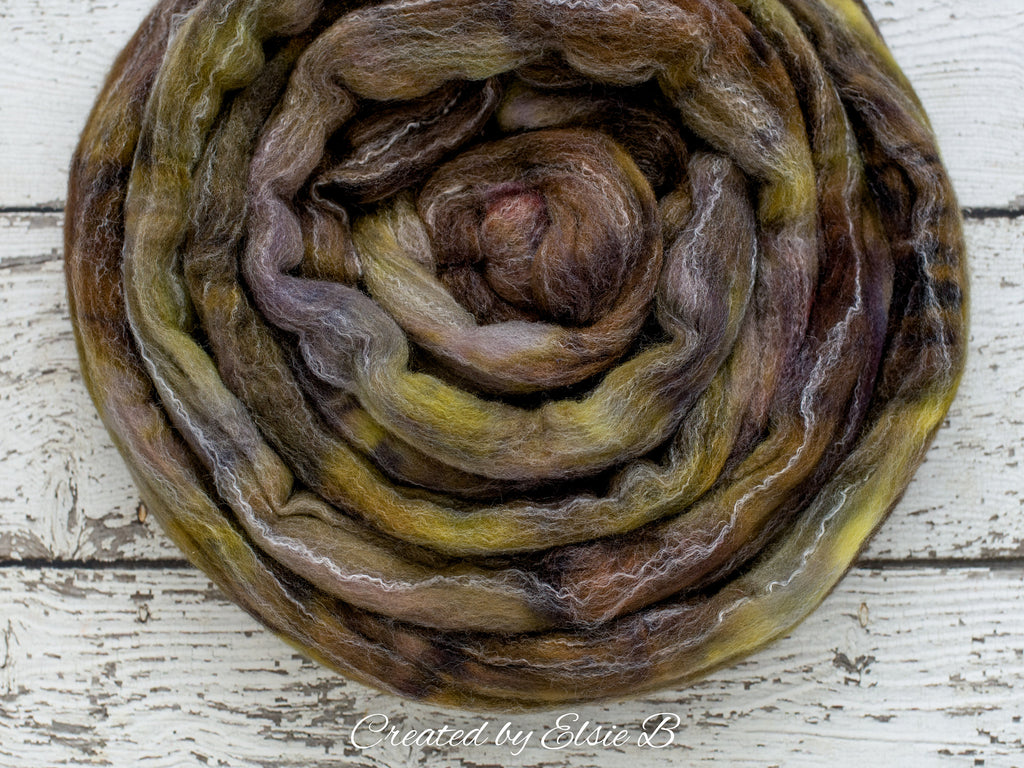 Targhee/ Bamboo/ Silk &#39;Tapenade&#39; 4 oz semi-solid brown spinning fiber, hand dyed roving by the pound, Created by Elsie B wool combed top