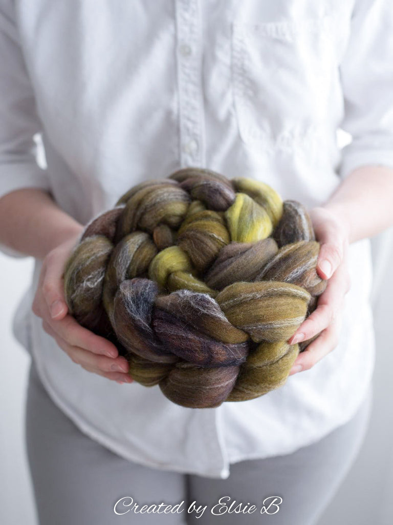 Targhee/ Bamboo/ Silk &#39;Tapenade&#39; 4 oz semi-solid brown spinning fiber, hand dyed roving by the pound, Created by Elsie B wool combed top