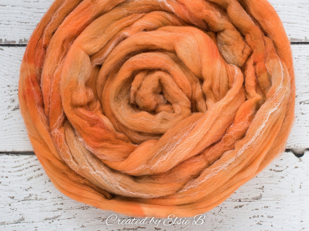Targhee/ Bamboo/ Silk &#39;Spiced Pumpkin&#39; 4 oz semi-solid orange spinning fiber, hand dyed roving by the pound, CreatedbyElsieB wool combed top