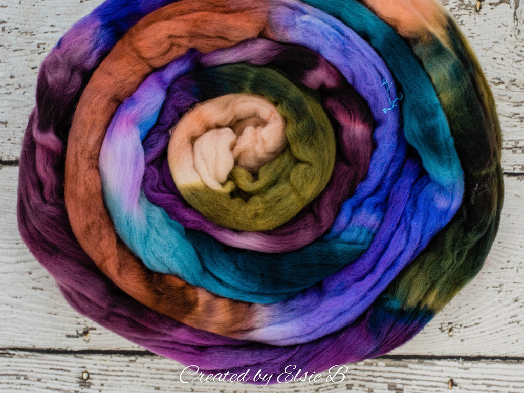 Targhee &#39;Fairy Garden&#39; 4 oz hand dyed spinning fiber, green dyed roving by the pound, Created by ElsieB combed top, wool roving by the pound