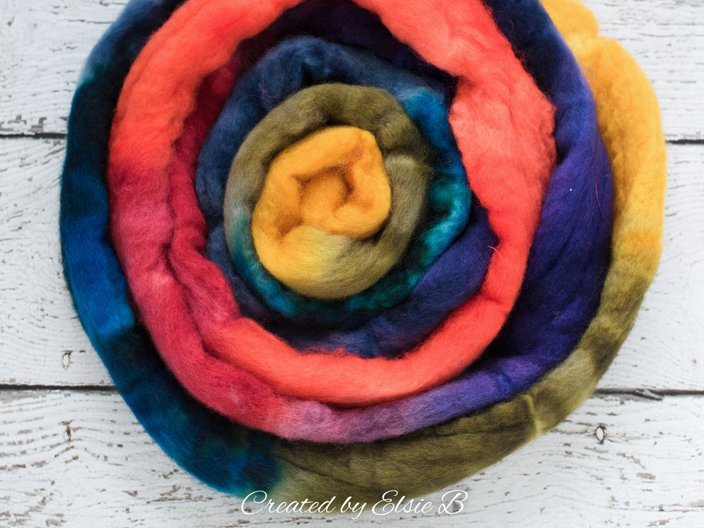 Blue Faced Leicester &#39;Color Wheel&#39; 4 oz combed top, BFL hand dyed spinning fiber, CreatedbyElsieB rainbow wool roving for spinning