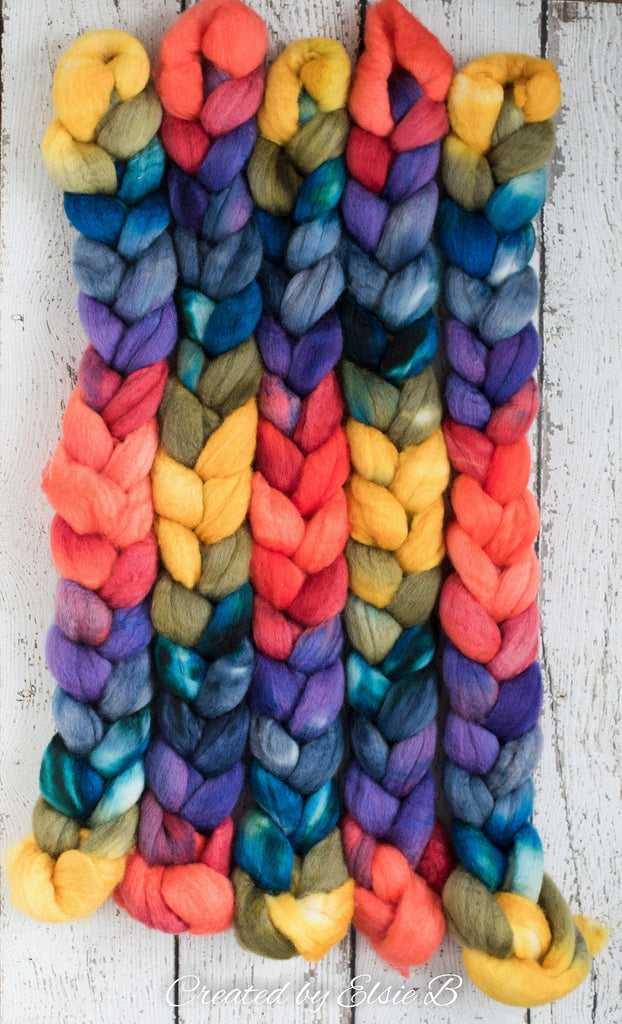 Blue Faced Leicester &#39;Color Wheel&#39; 4 oz combed top, BFL hand dyed spinning fiber, CreatedbyElsieB rainbow wool roving for spinning