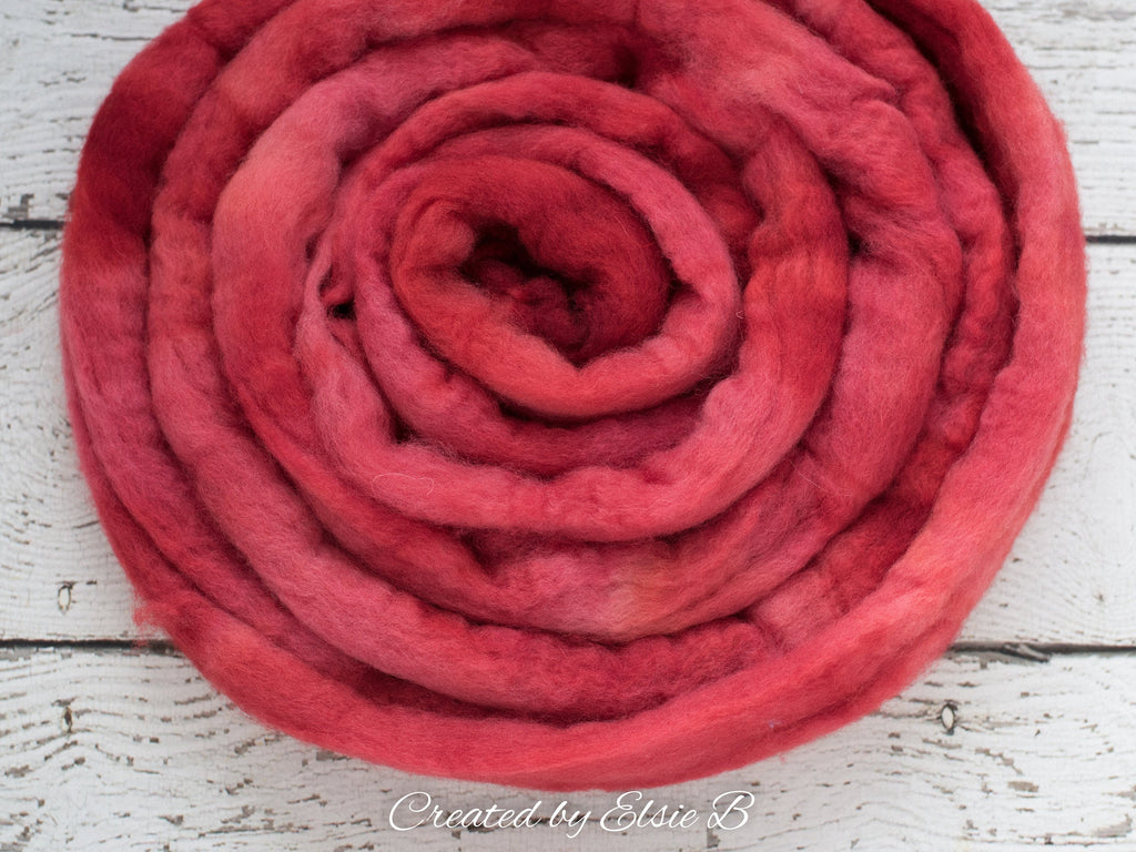 Blue Faced Leicester &#39;Cherry&#39; 4 oz semi-solid red combed top, BFL dyed spinning fiber, Created by Elsie B wool roving for felting or weaving