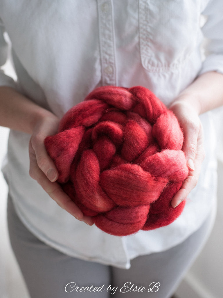 Blue Faced Leicester &#39;Cherry&#39; 4 oz semi-solid red combed top, BFL dyed spinning fiber, Created by Elsie B wool roving for felting or weaving