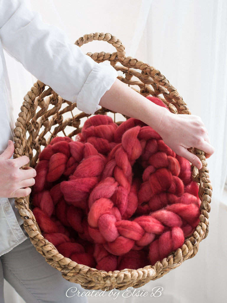 Blue Faced Leicester &#39;Cherry&#39; 4 oz semi-solid red combed top, BFL dyed spinning fiber, Created by Elsie B wool roving for felting or weaving
