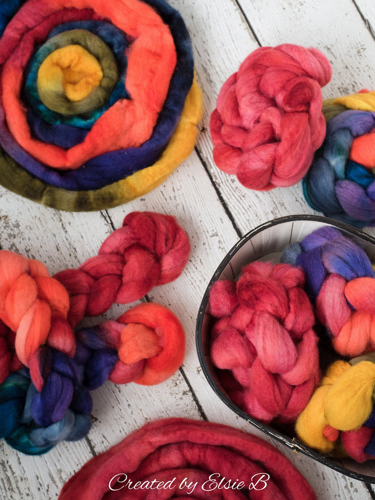 Blue Faced Leicester &#39;Cherry&#39; 4 oz semi-solid red combed top, BFL dyed spinning fiber, Created by Elsie B wool roving for felting or weaving