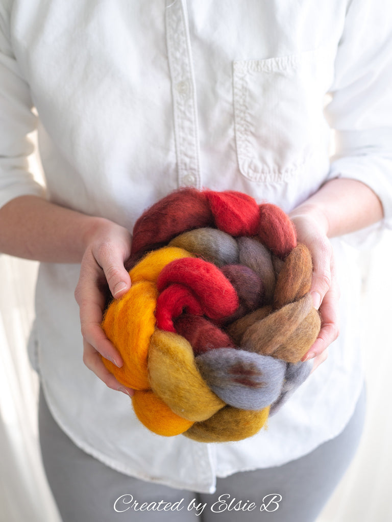 Blue Faced Leicester &#39;Wildfire&#39; 4 oz combed top, BFL hand dyed orange spinning fiber, Created by Elsie B red roving for spinning or felting