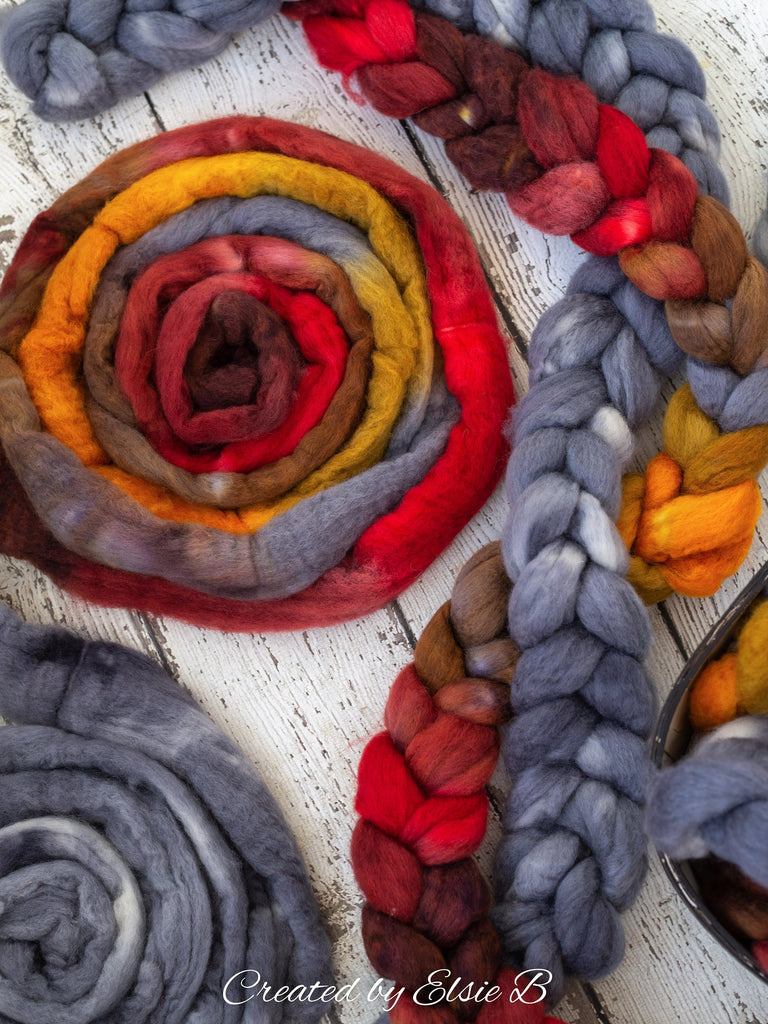 Blue Faced Leicester &#39;Wildfire&#39; 4 oz combed top, BFL hand dyed orange spinning fiber, Created by Elsie B red roving for spinning or felting