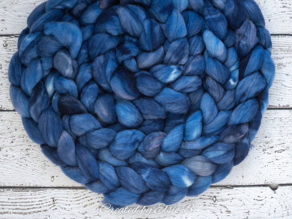 Blue Faced Leicester &#39;Denim&#39; 4 oz semi-solid blue combed top, BFL dyed spinning fiber, Created by Elsie B wool roving for felting or weaving
