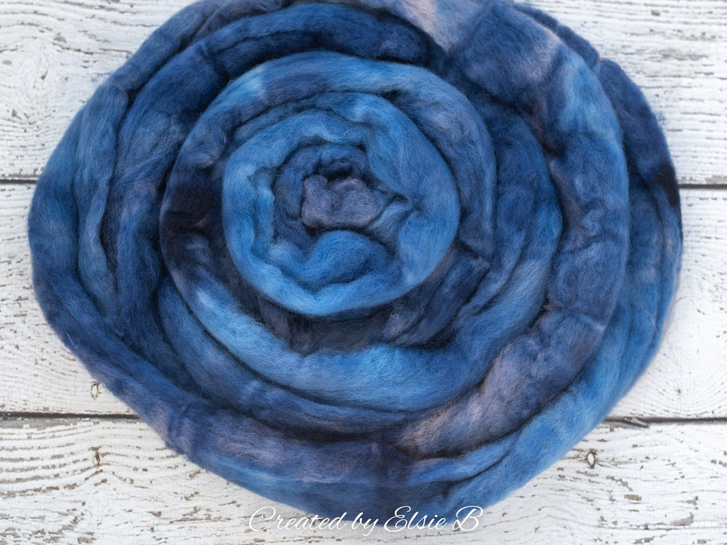 Blue Faced Leicester &#39;Denim&#39; 4 oz semi-solid blue combed top, BFL dyed spinning fiber, Created by Elsie B wool roving for felting or weaving