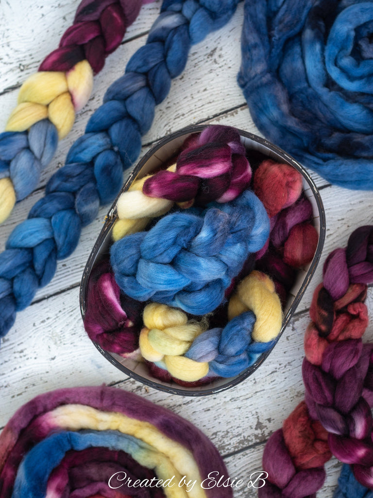 Blue Faced Leicester &#39;Denim&#39; 4 oz semi-solid blue combed top, BFL dyed spinning fiber, Created by Elsie B wool roving for felting or weaving