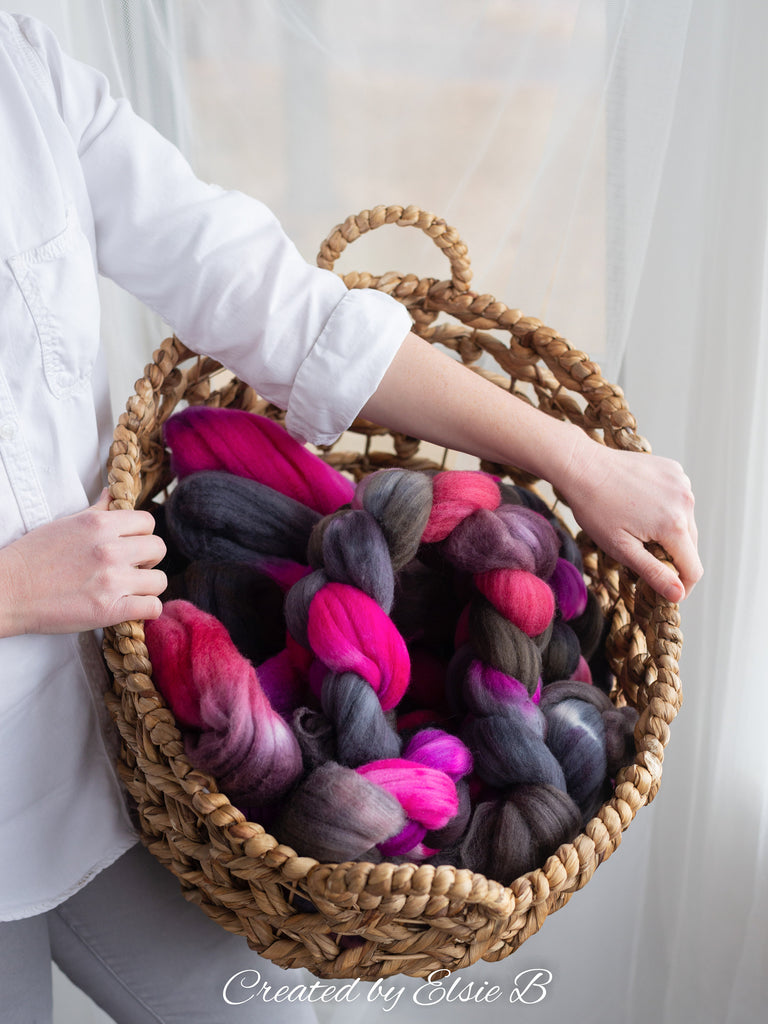 Polwarth/ Silk &#39;Derby Girl&#39; 4 oz pink spinning fiber, purple wool, CreatedbyElsieB combed top, black wool silk roving for felting or weaving