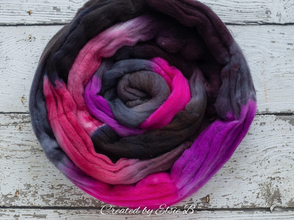 Polwarth/ Silk &#39;Derby Girl&#39; 4 oz pink spinning fiber, purple wool, CreatedbyElsieB combed top, black wool silk roving for felting or weaving