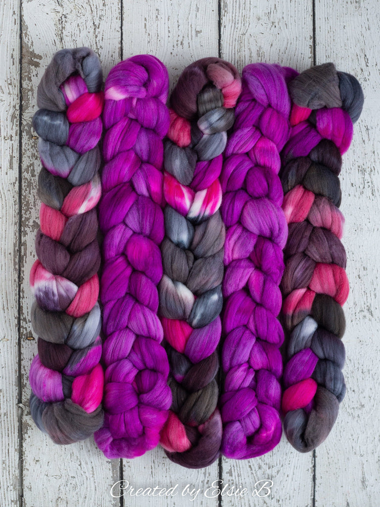 Polwarth/ Silk &#39;Derby Girl&#39; 4 oz pink spinning fiber, purple wool, CreatedbyElsieB combed top, black wool silk roving for felting or weaving