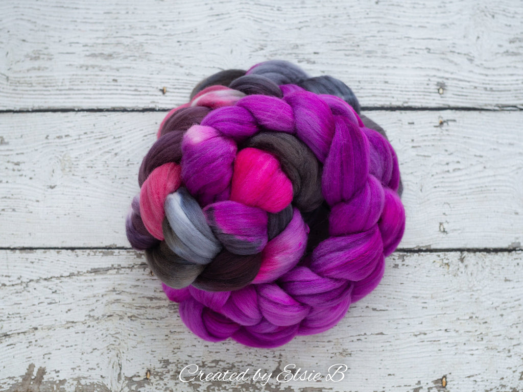 Polwarth/ Silk &#39;Derby Girl&#39; 4 oz pink spinning fiber, purple wool, CreatedbyElsieB combed top, black wool silk roving for felting or weaving