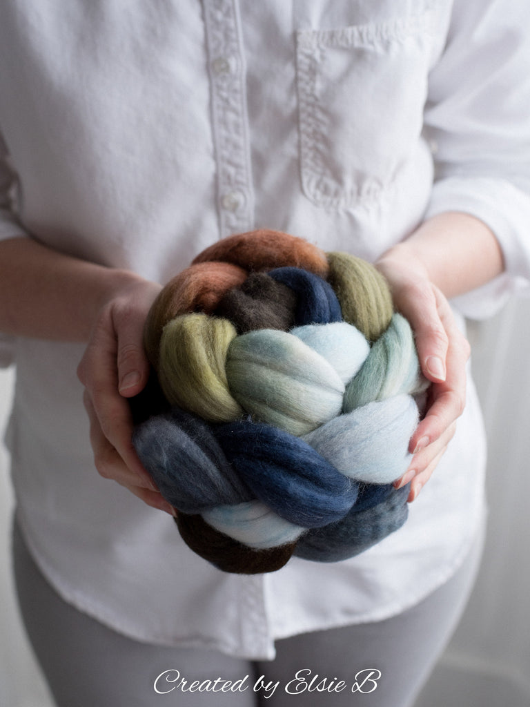 Polwarth/ Silk &#39;Big Sky Country&#39; 4 oz blue spinning fiber, green wool, Created by ElsieB combed top, wool silk roving for felting or weaving