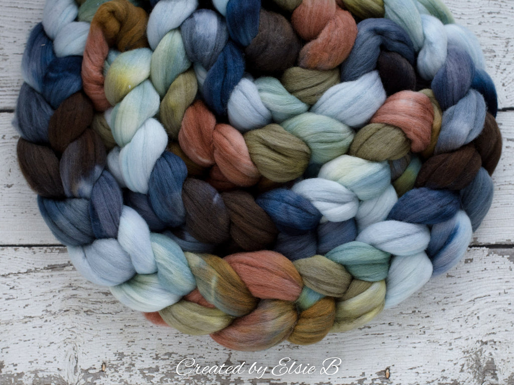 Polwarth/ Silk &#39;Big Sky Country&#39; 4 oz blue spinning fiber, green wool, Created by ElsieB combed top, wool silk roving for felting or weaving