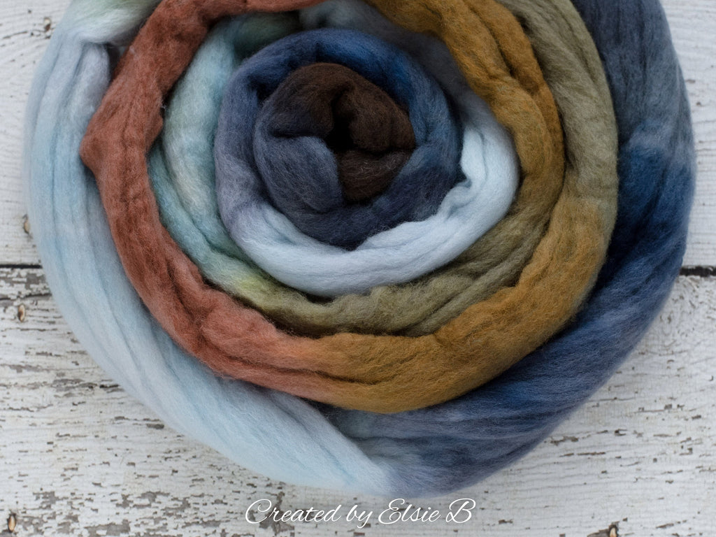 Polwarth/ Silk &#39;Big Sky Country&#39; 4 oz blue spinning fiber, green wool, Created by ElsieB combed top, wool silk roving for felting or weaving