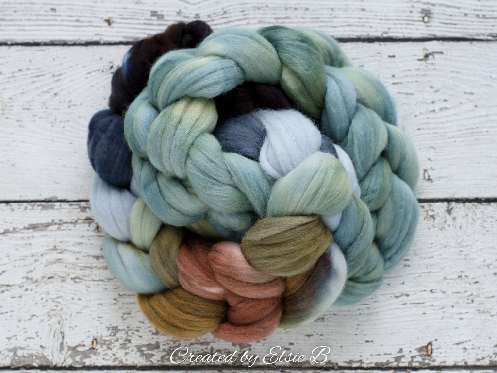 Polwarth/ Silk &#39;Big Sky Country&#39; 4 oz blue spinning fiber, green wool, Created by ElsieB combed top, wool silk roving for felting or weaving