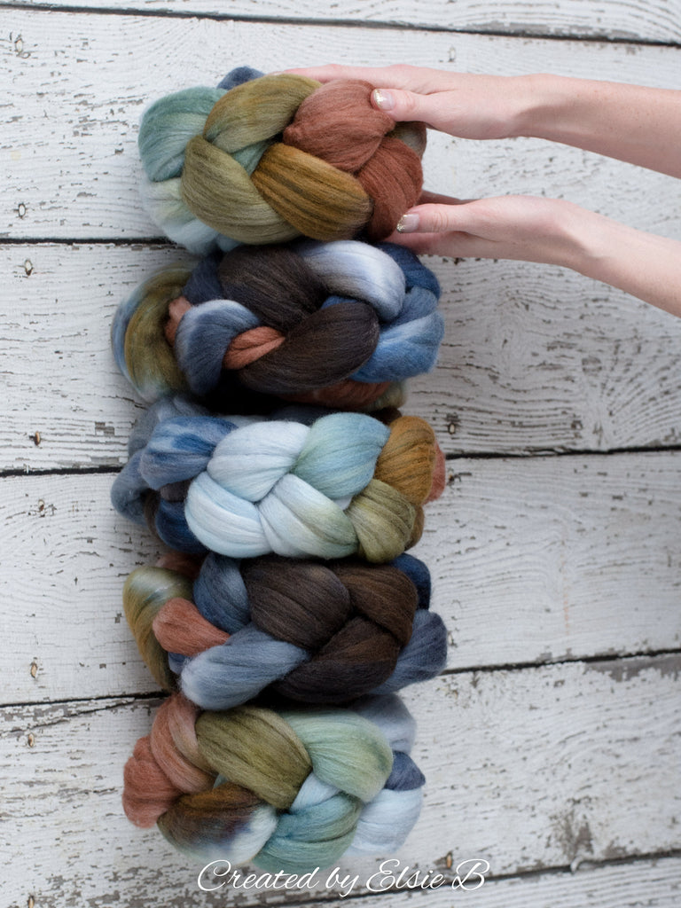 Polwarth/ Silk &#39;Big Sky Country&#39; 4 oz blue spinning fiber, green wool, Created by ElsieB combed top, wool silk roving for felting or weaving