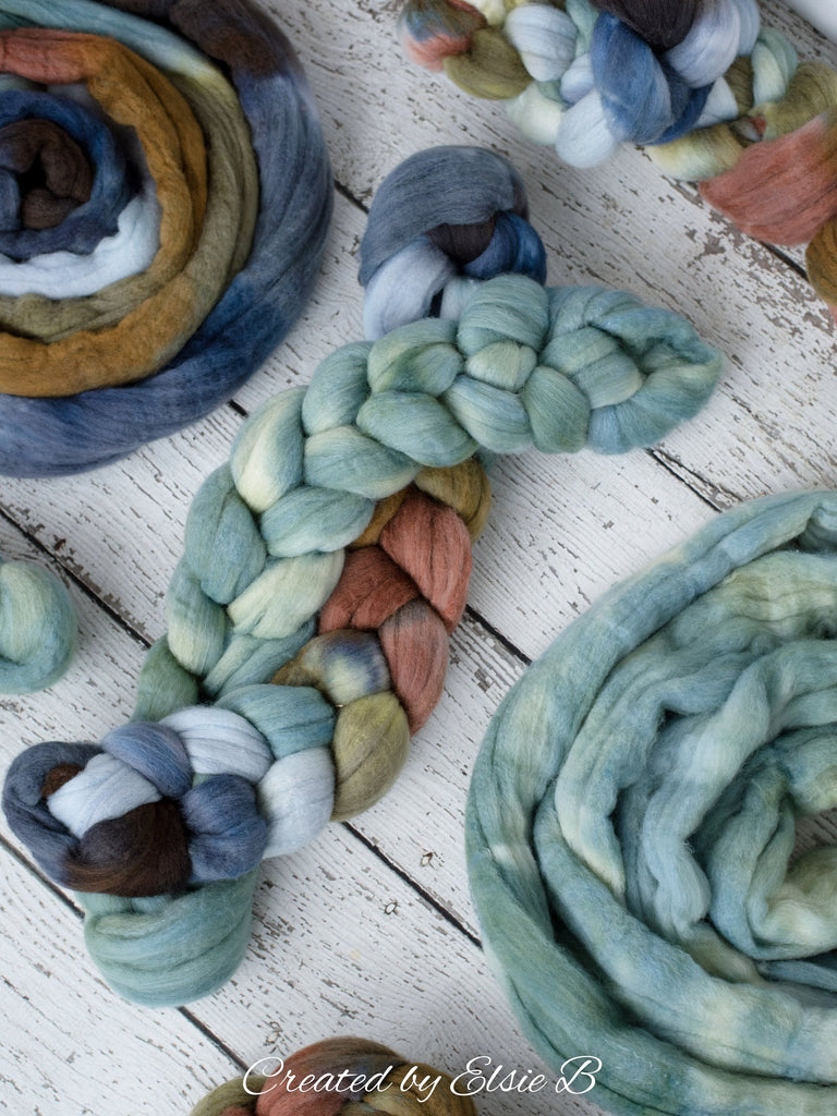 Polwarth/ Silk &#39;Big Sky Country&#39; 4 oz blue spinning fiber, green wool, Created by ElsieB combed top, wool silk roving for felting or weaving