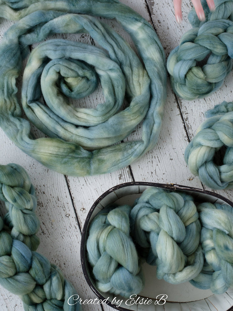 Polwarth/ Silk &#39;Patina&#39; 4 oz semi-solid dyed spinning fiber, green wool roving, Created by ElsieB combed top, wool & silk roving for weaving