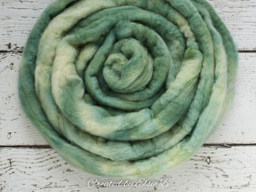 Blue Faced Leicester &#39;Lambs Ear&#39; 4 oz semi-solid green combed top, BFL dyed spinning fiber, Created by Elsie B wool for felting or weaving