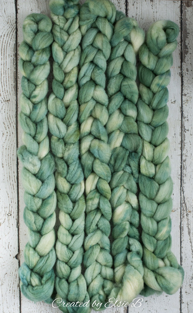 Blue Faced Leicester &#39;Lambs Ear&#39; 4 oz semi-solid green combed top, BFL dyed spinning fiber, Created by Elsie B wool for felting or weaving