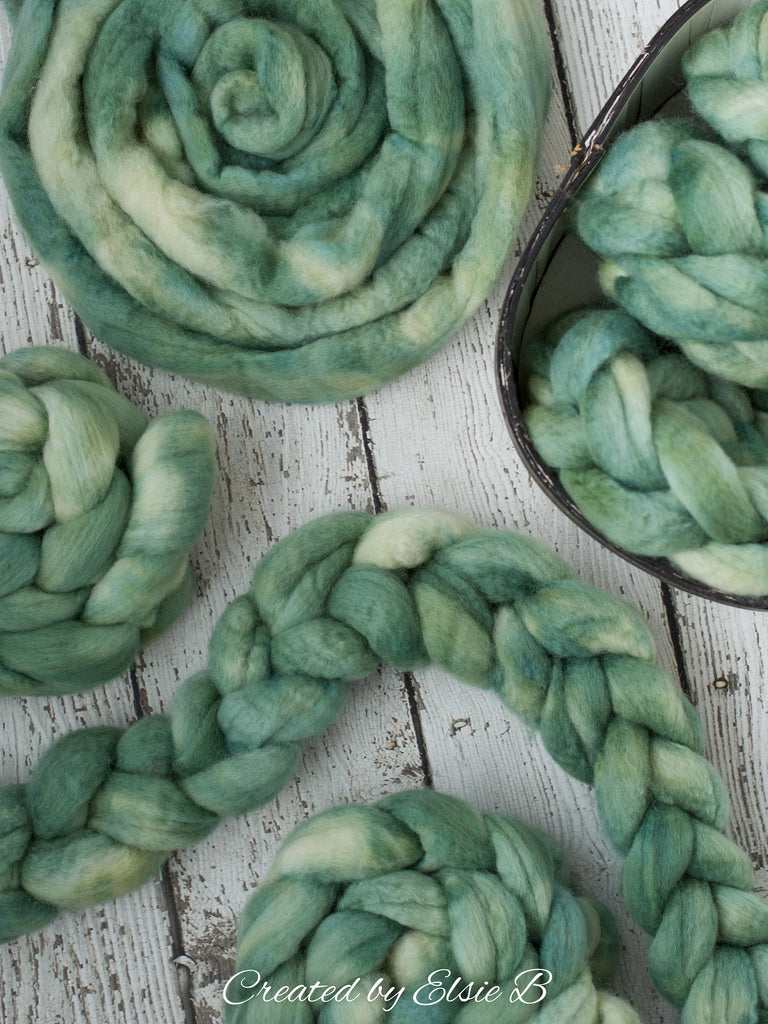 Blue Faced Leicester &#39;Lambs Ear&#39; 4 oz semi-solid green combed top, BFL dyed spinning fiber, Created by Elsie B wool for felting or weaving