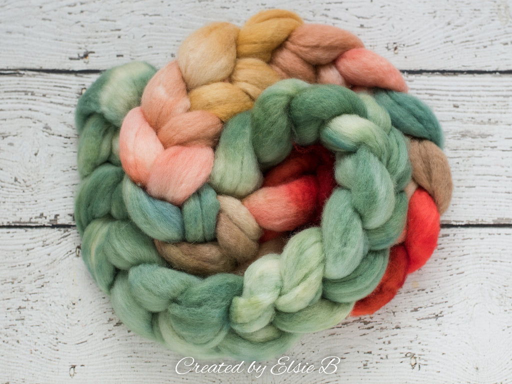 Blue Faced Leicester &#39;Lambs Ear&#39; 4 oz semi-solid green combed top, BFL dyed spinning fiber, Created by Elsie B wool for felting or weaving