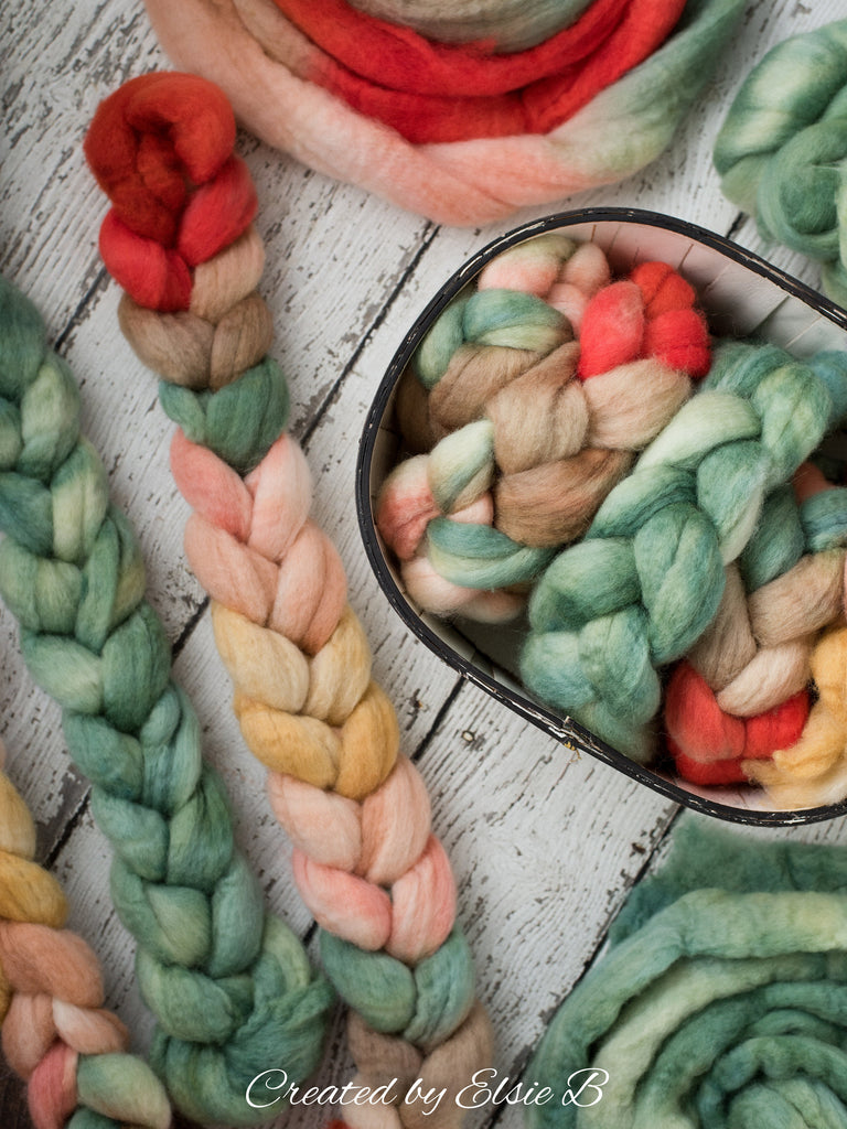 Blue Faced Leicester &#39;Lambs Ear&#39; 4 oz semi-solid green combed top, BFL dyed spinning fiber, Created by Elsie B wool for felting or weaving