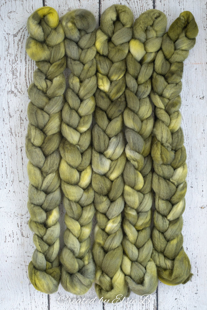 Blue Faced Leicester &#39;Spanish Moss&#39; 4 oz semi-solid green combed top, BFL hand dyed top, spinning fiber, CreatedbyElsieB felting wool roving