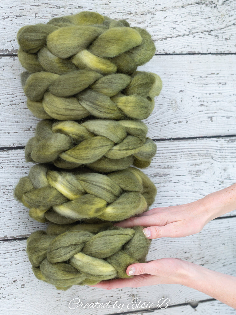 Blue Faced Leicester &#39;Spanish Moss&#39; 4 oz semi-solid green combed top, BFL hand dyed top, spinning fiber, CreatedbyElsieB felting wool roving