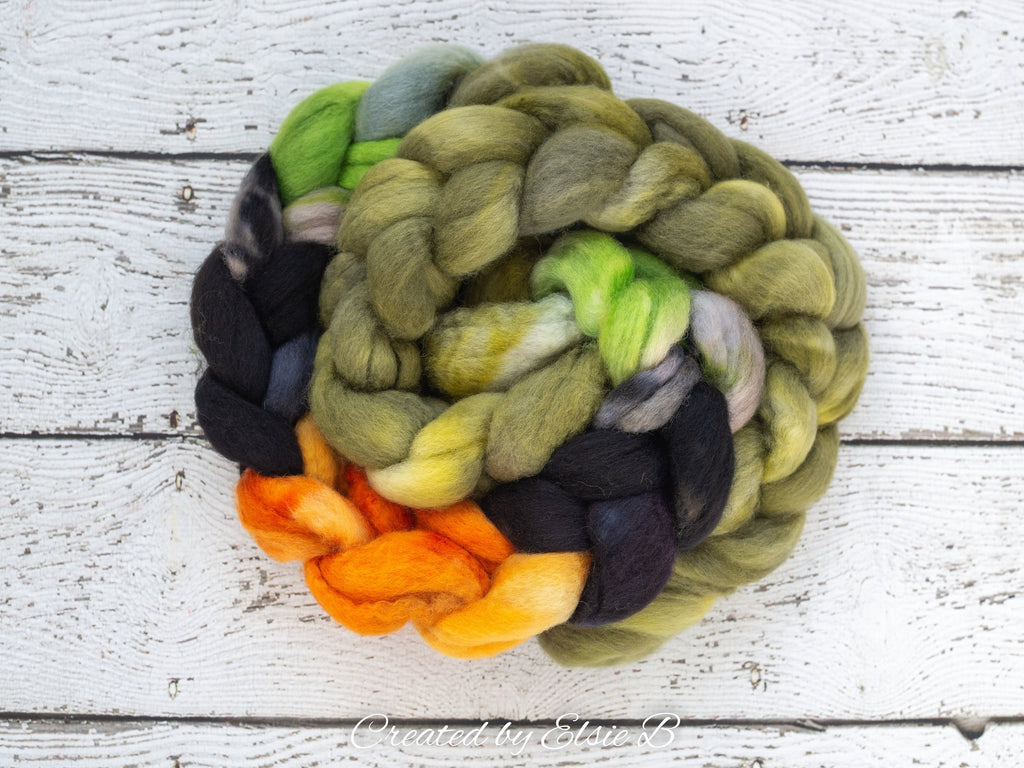 Blue Faced Leicester &#39;Spanish Moss&#39; 4 oz semi-solid green combed top, BFL hand dyed top, spinning fiber, CreatedbyElsieB felting wool roving