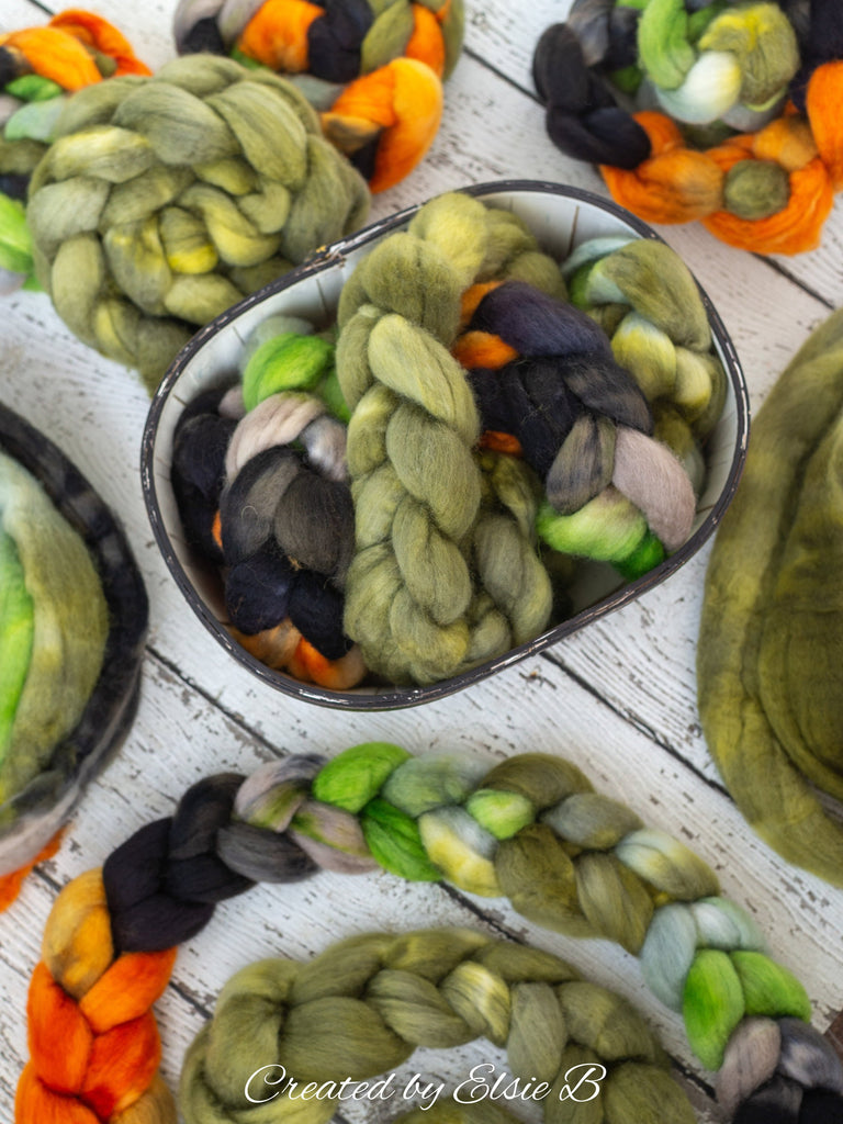 Blue Faced Leicester &#39;Spanish Moss&#39; 4 oz semi-solid green combed top, BFL hand dyed top, spinning fiber, CreatedbyElsieB felting wool roving