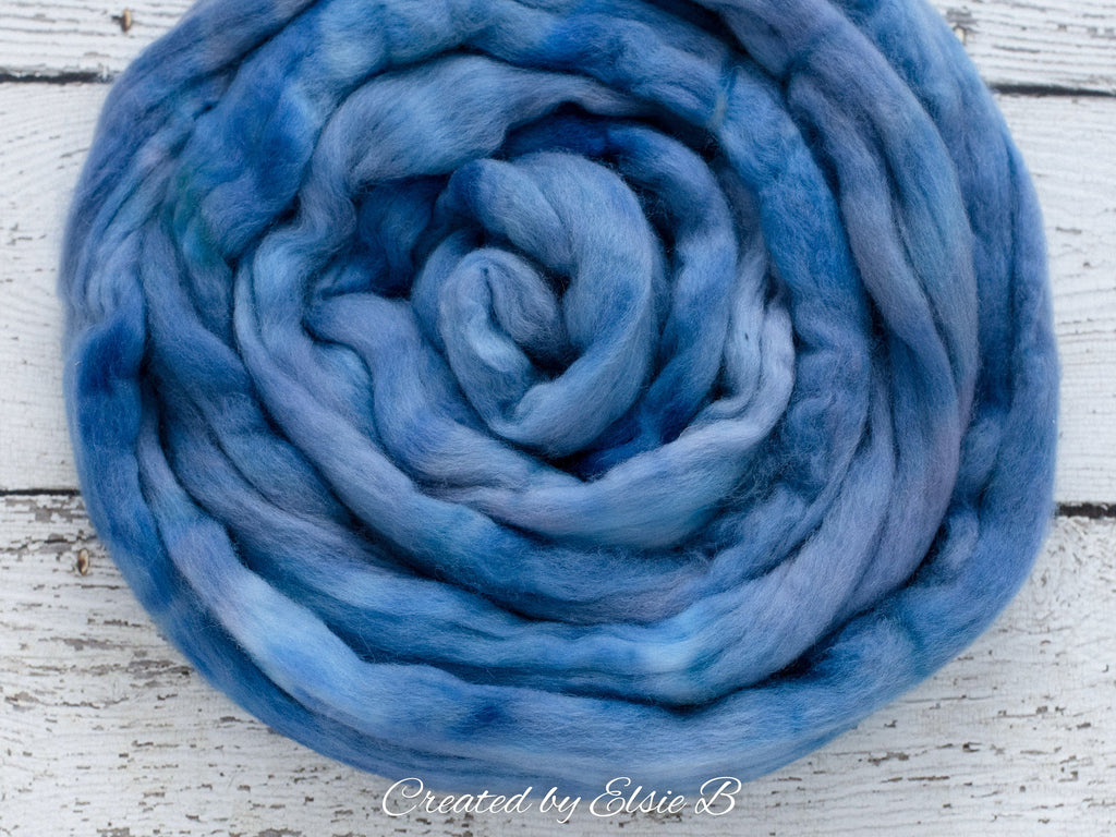 Organic Merino/ Cashmere &#39;Azure&#39; 4 oz semi-solid blue combed top, wool roving by the pound hand dyed roving, CreatedbyElsieB spinning fiber