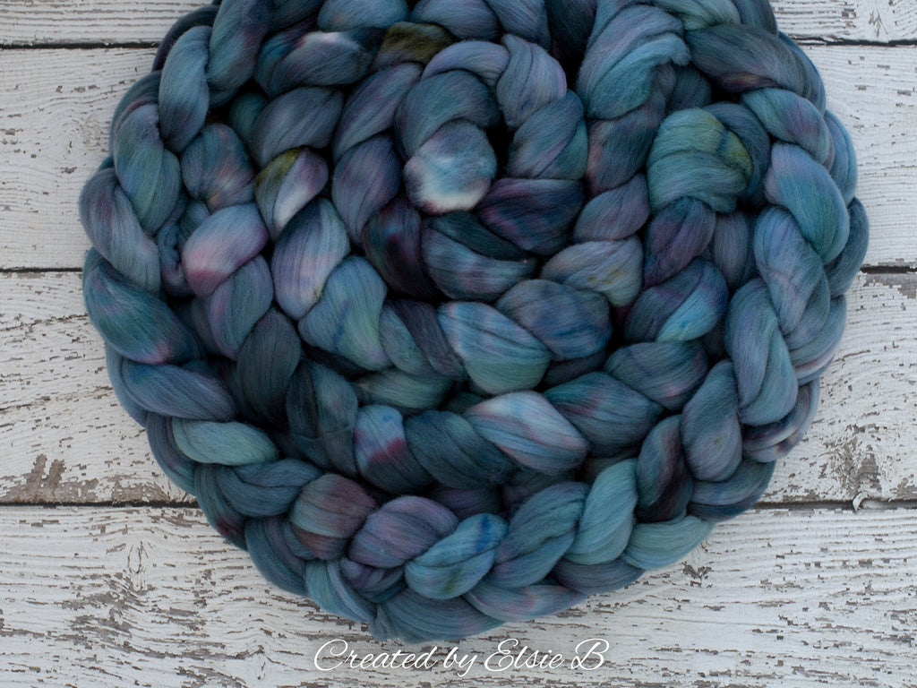 Targhee &#39;Abalone&#39; 4 oz semi-solid hand dyed spinning fiber, blue dyed roving by the pound, Created by ElsieB combed top, wool roving