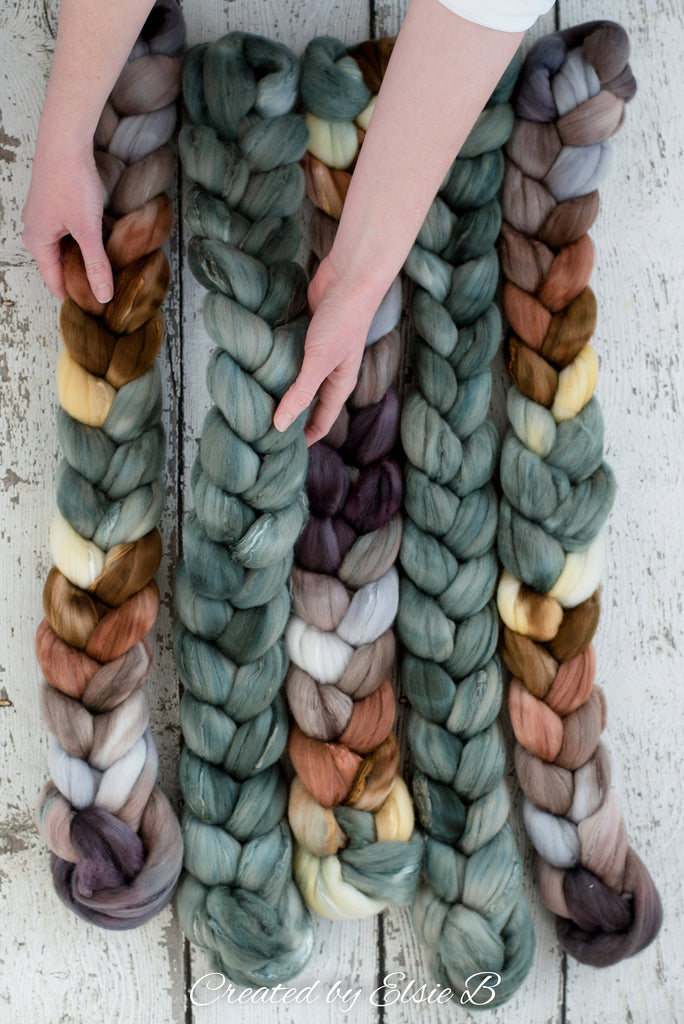 Superfine Merino/ Silk &#39;Wood Duck&#39; 4 oz brown hand dyed roving, CreatedbyElsieB spinning fiber, gray combed top, mint wool roving